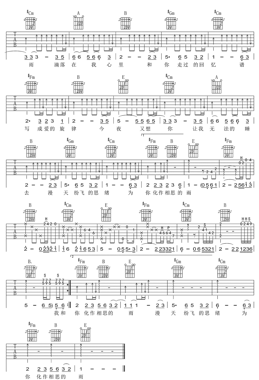 门丽/笑天《相思的雨》吉他谱_E调原版弹唱谱