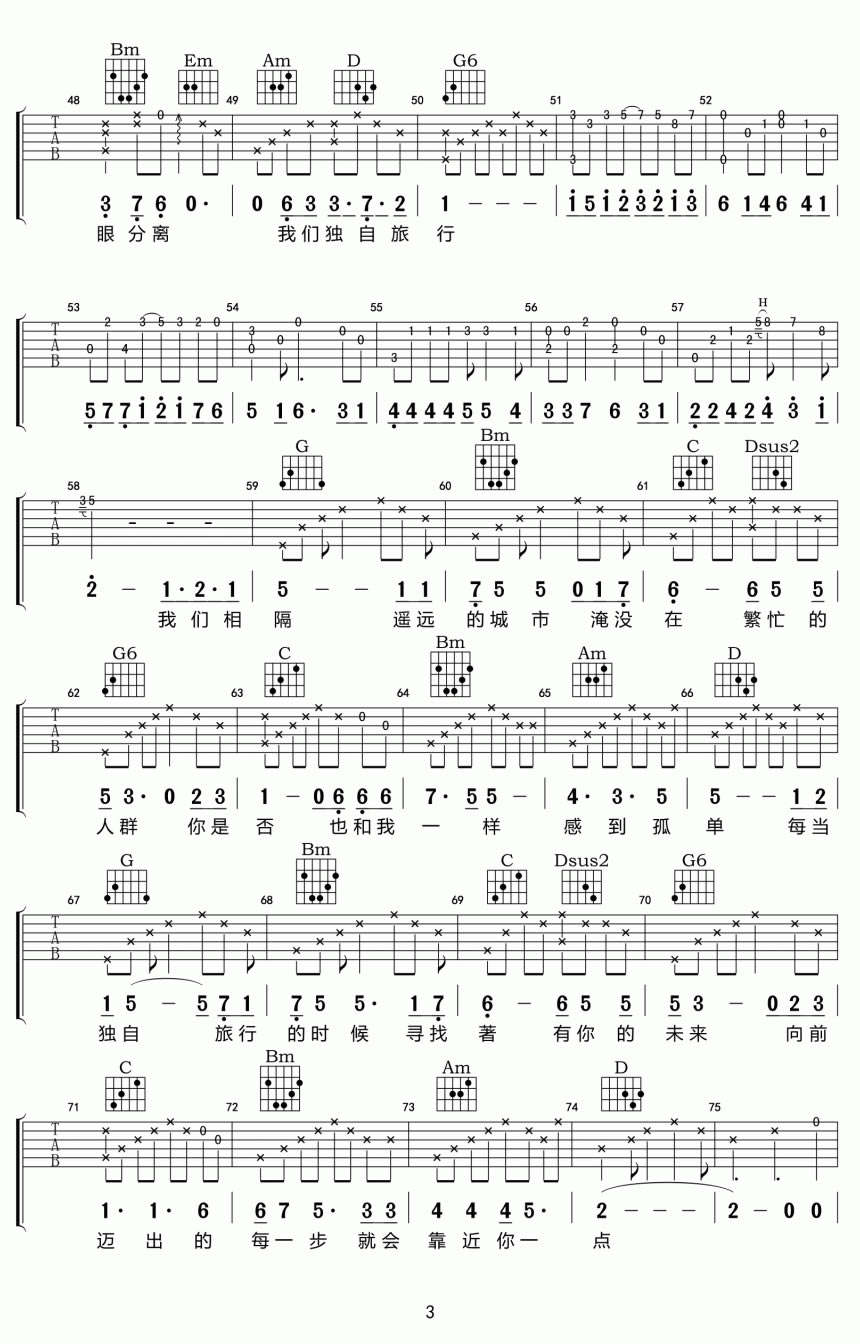 靳松《独自旅行》吉他谱_G调指法原版弹唱谱