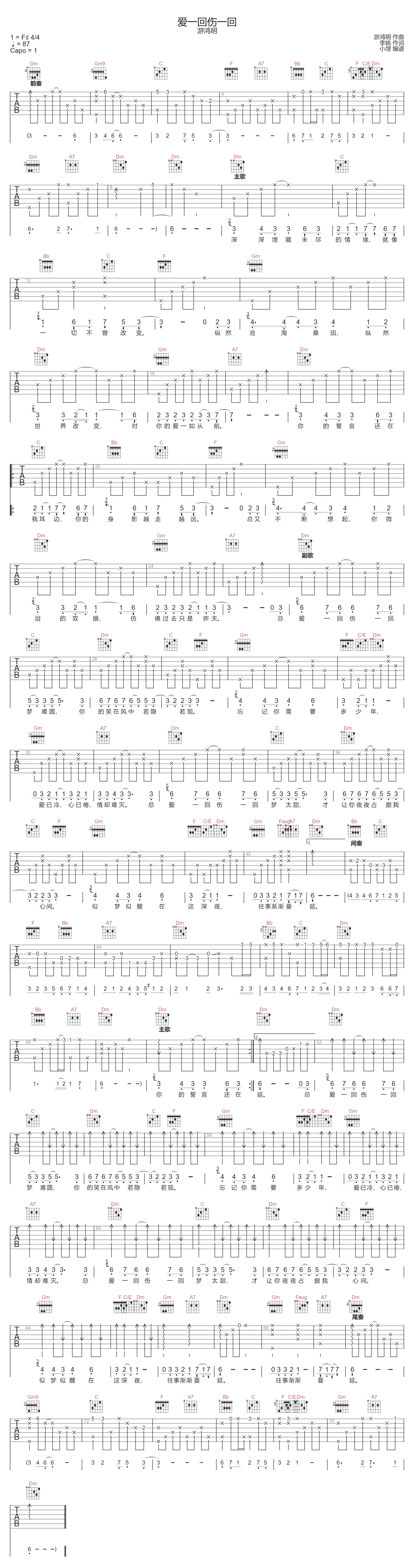 游鸿明《爱一回伤一回》吉他谱_F调原版弹唱谱