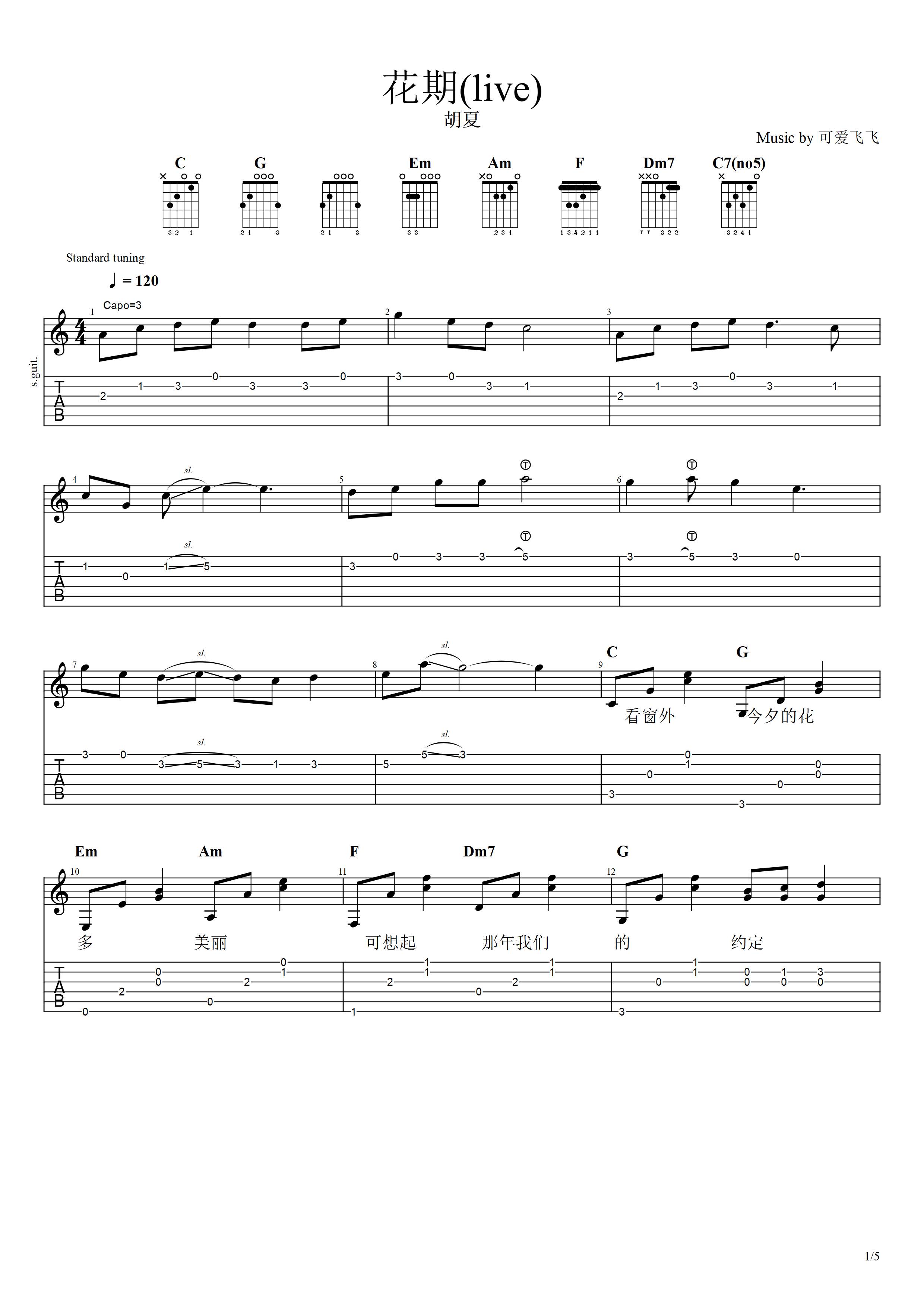 胡夏《花期》吉他谱_C调指法原版弹唱谱