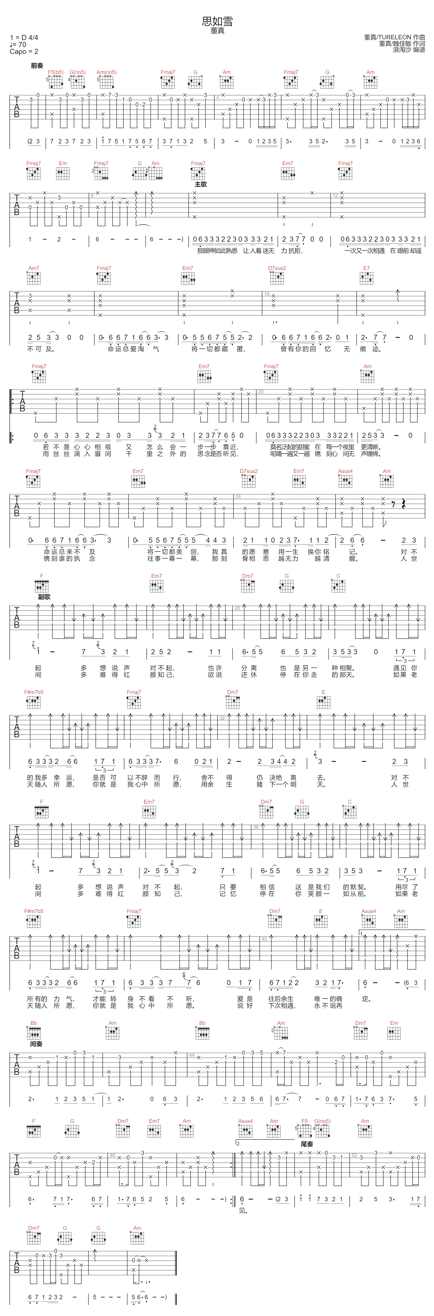董真《思如雪》吉他谱_C调指法原版弹唱谱 董真《思如雪》吉他谱_C调指法原版弹唱谱