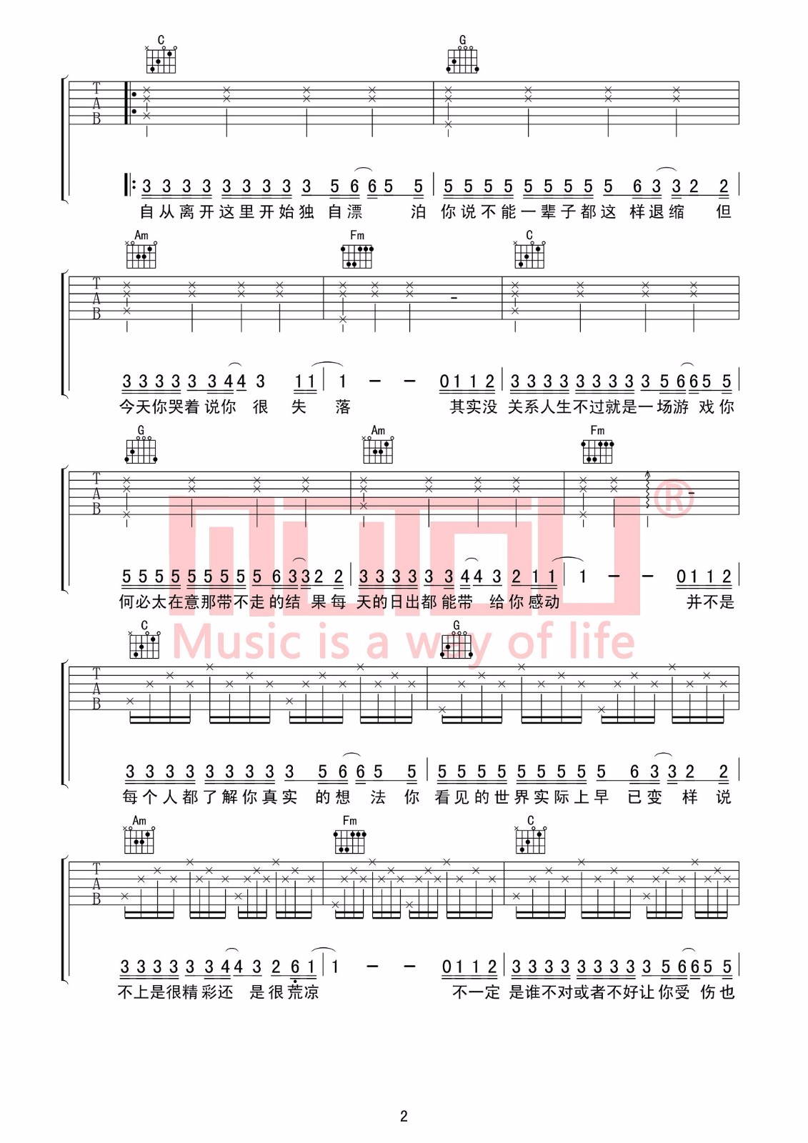 安子与九妹《嘿朋友》吉他谱_C调指法弹唱谱
