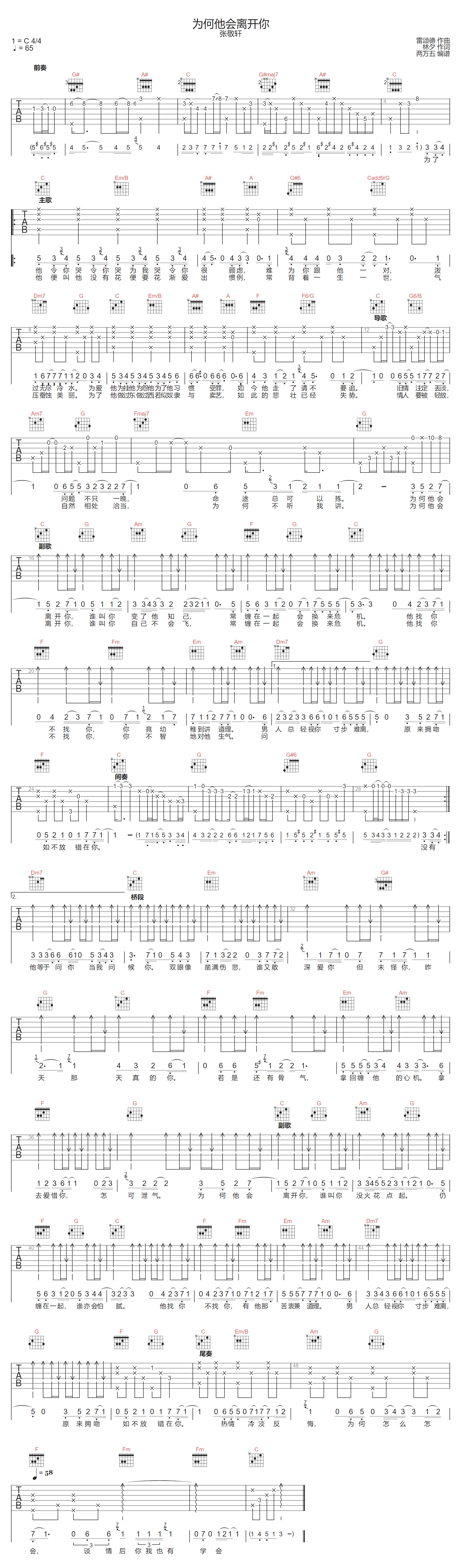 张敬轩《为何他会离开你》吉他谱_C调指法
