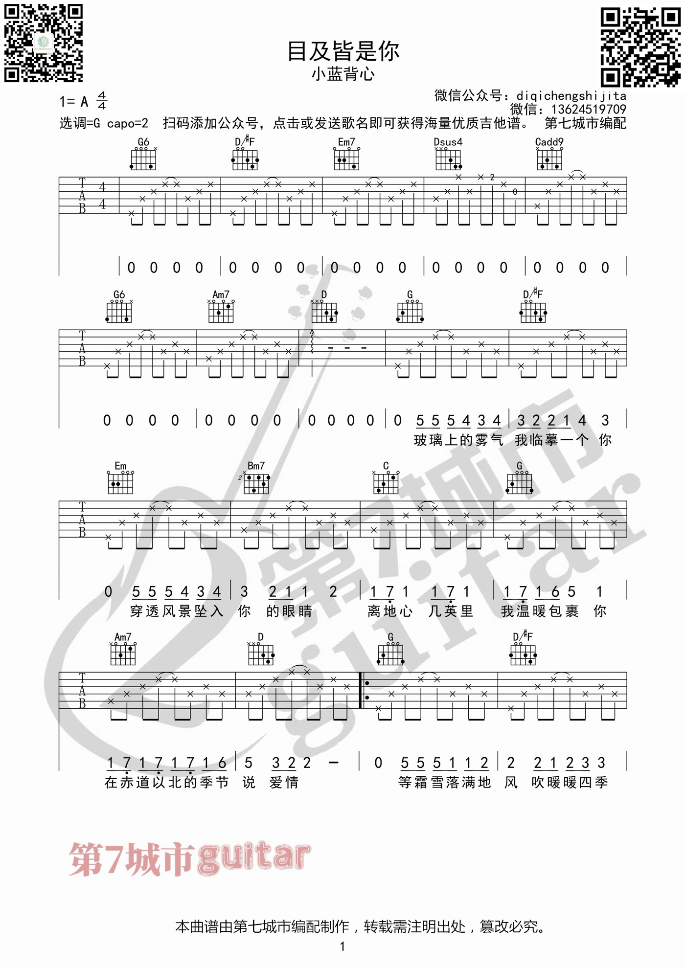 小蓝背心《目及皆是你》吉他谱_G调指法弹唱谱
