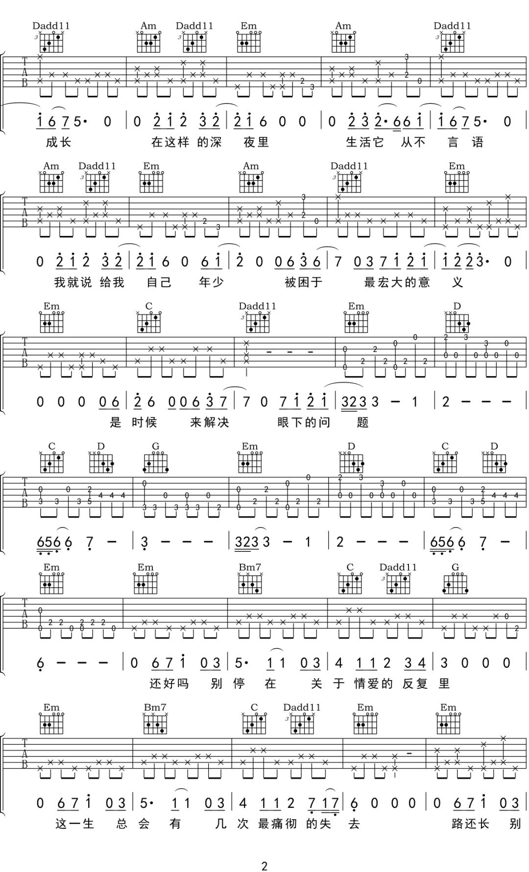 陈鸿宇《夜谈几句》吉他谱_G调指法原版弹唱谱