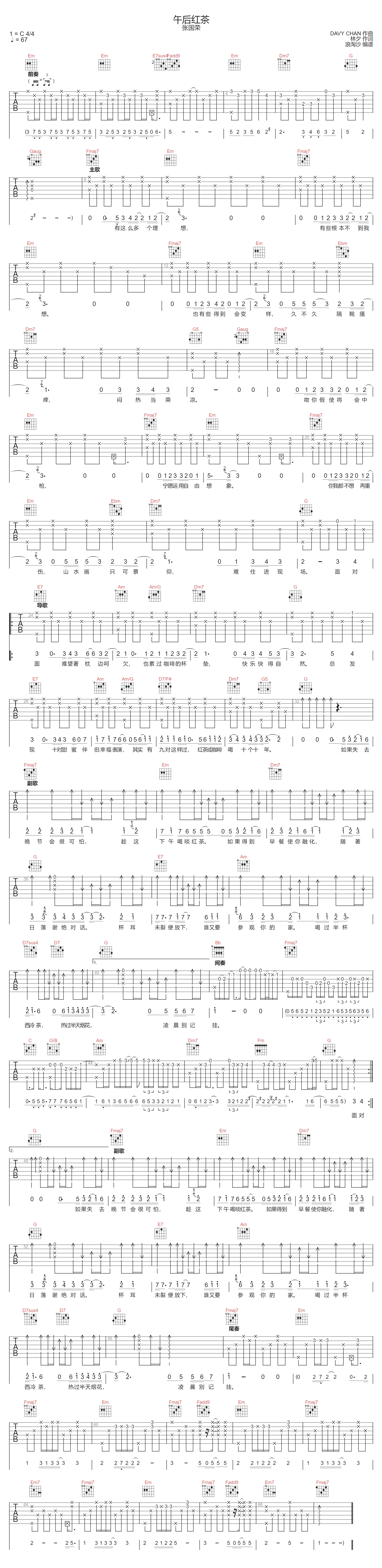 张国荣《午后红茶》吉他谱_C调指法原版弹唱谱