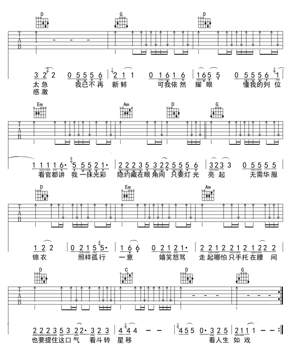 王童语《戏如人生》吉他谱_G调指法原版弹唱谱
