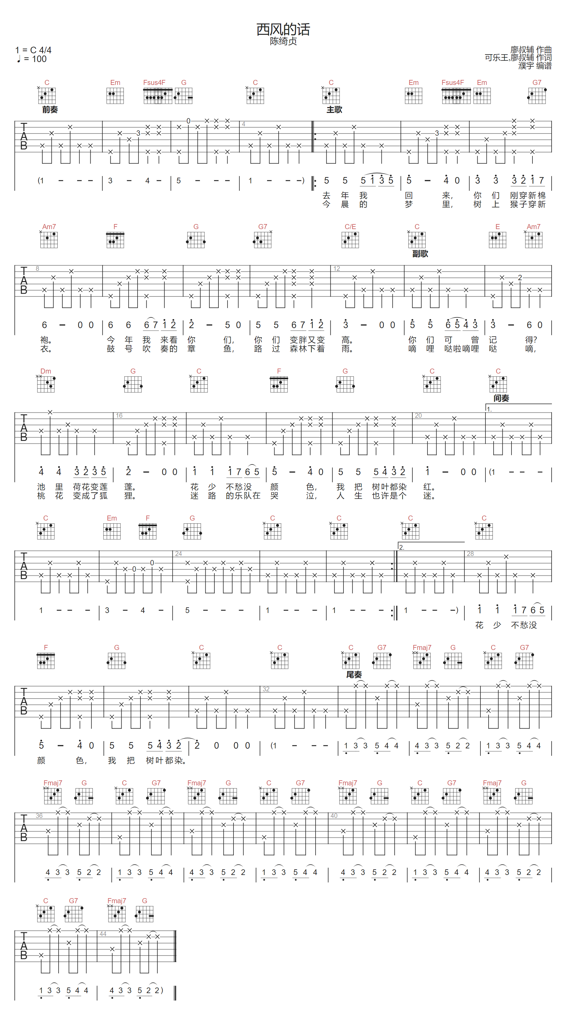 陈绮贞《西风的话》吉他谱_C调指法弹唱谱 陈绮贞《西风的话》吉他谱_C调指法弹唱谱
