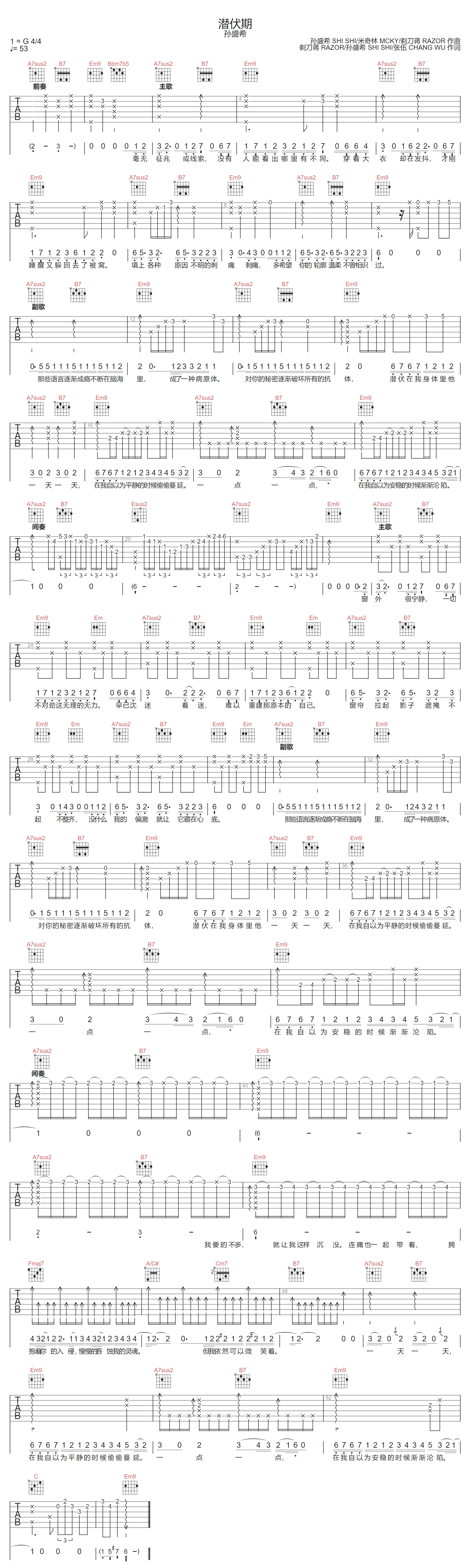 孙盛希《潜伏期》吉他谱_G调指法弹唱谱
