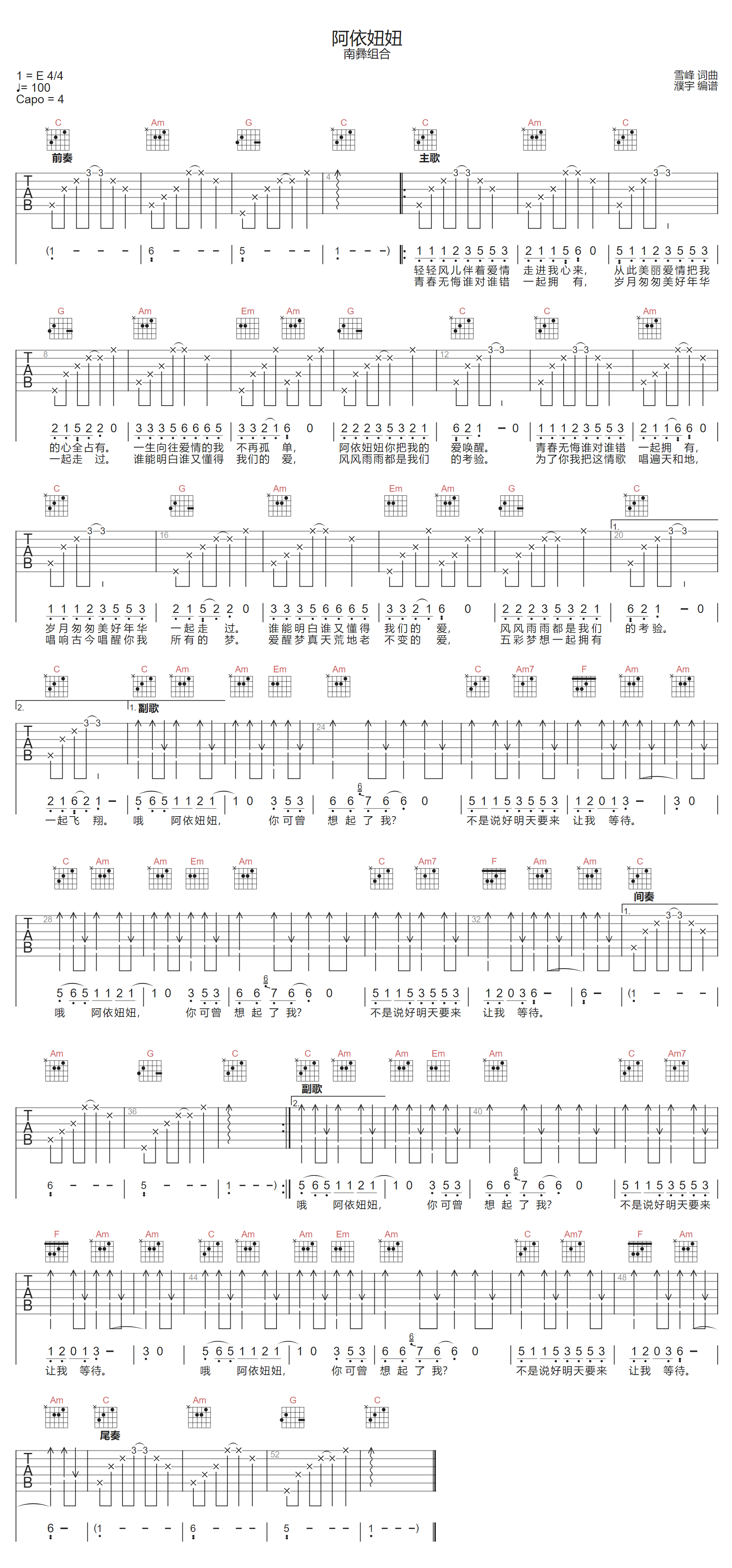 南彝组合《阿依妞妞》吉他谱_C调指法弹唱谱 南彝组合《阿依妞妞》吉他谱_C调指法弹唱谱