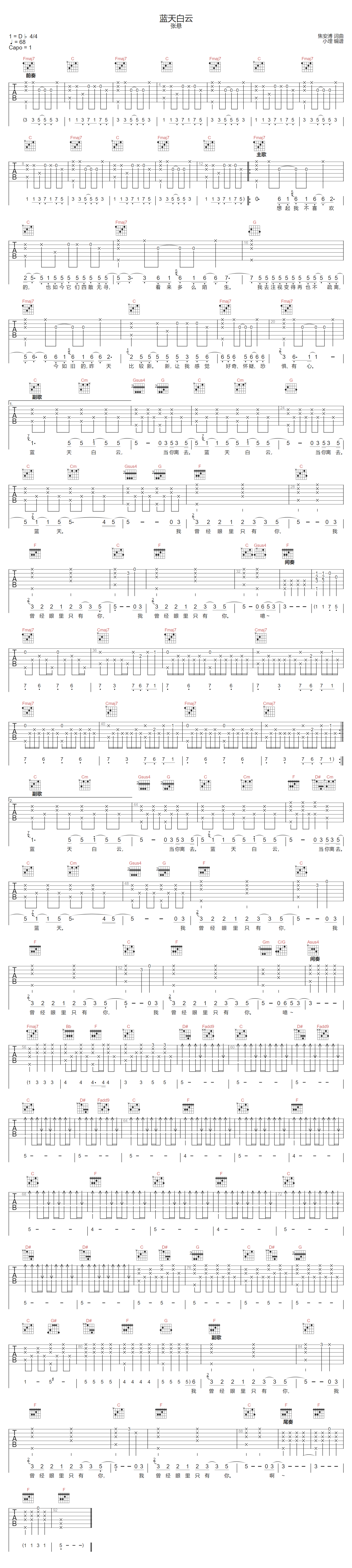 张悬《蓝天白云》吉他谱_C调指法原版弹唱谱