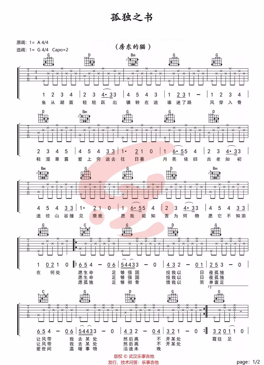 房东的猫《孤独之书》吉他谱_G调指法简单版 房东的猫《孤独之书》吉他谱_G调指法简单版
