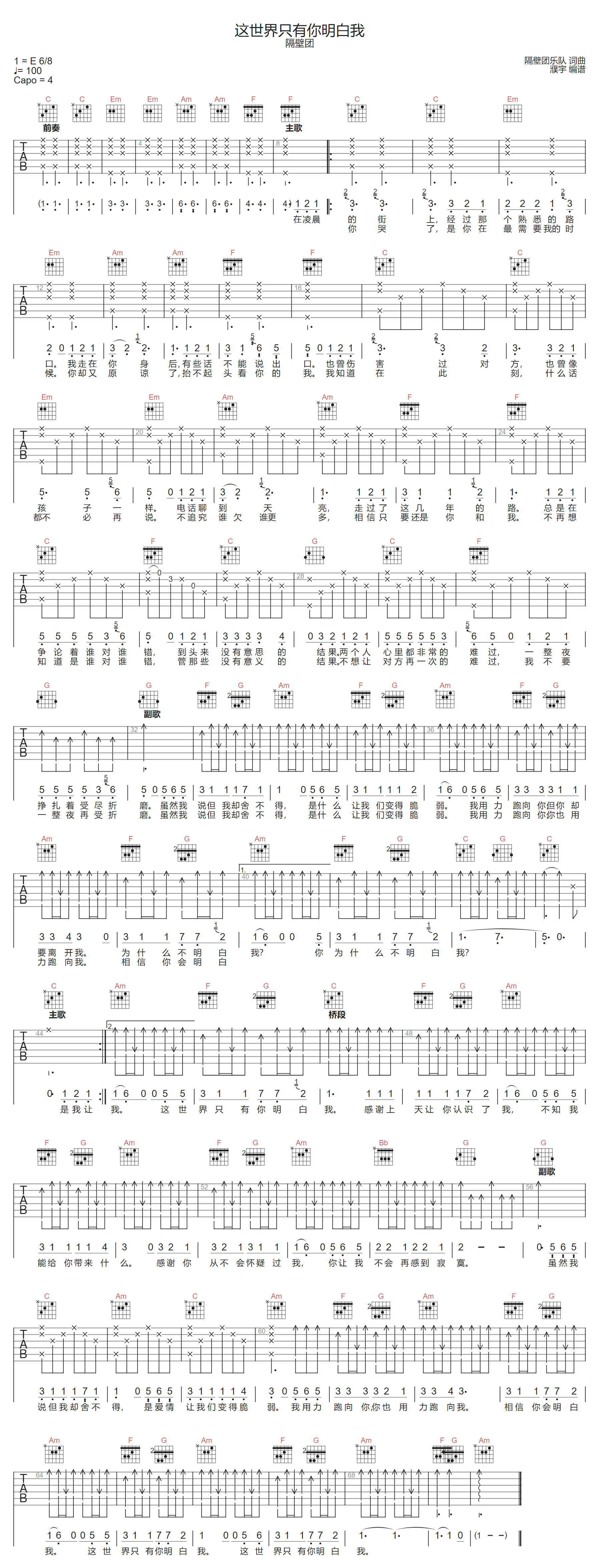 隔壁团《这世界只有你明白我》吉他谱_C调指法