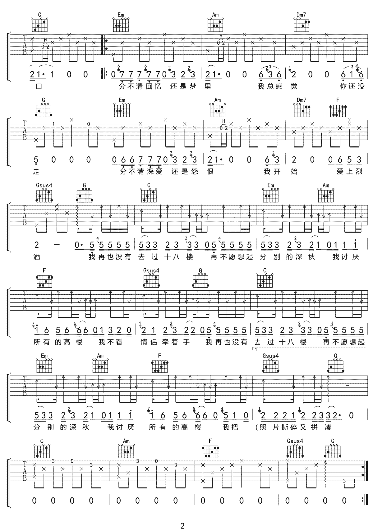 陈硕子《十八楼》吉他谱_C调指法原版弹唱谱 陈硕子《十八楼》吉他谱_C调指法原版弹唱谱