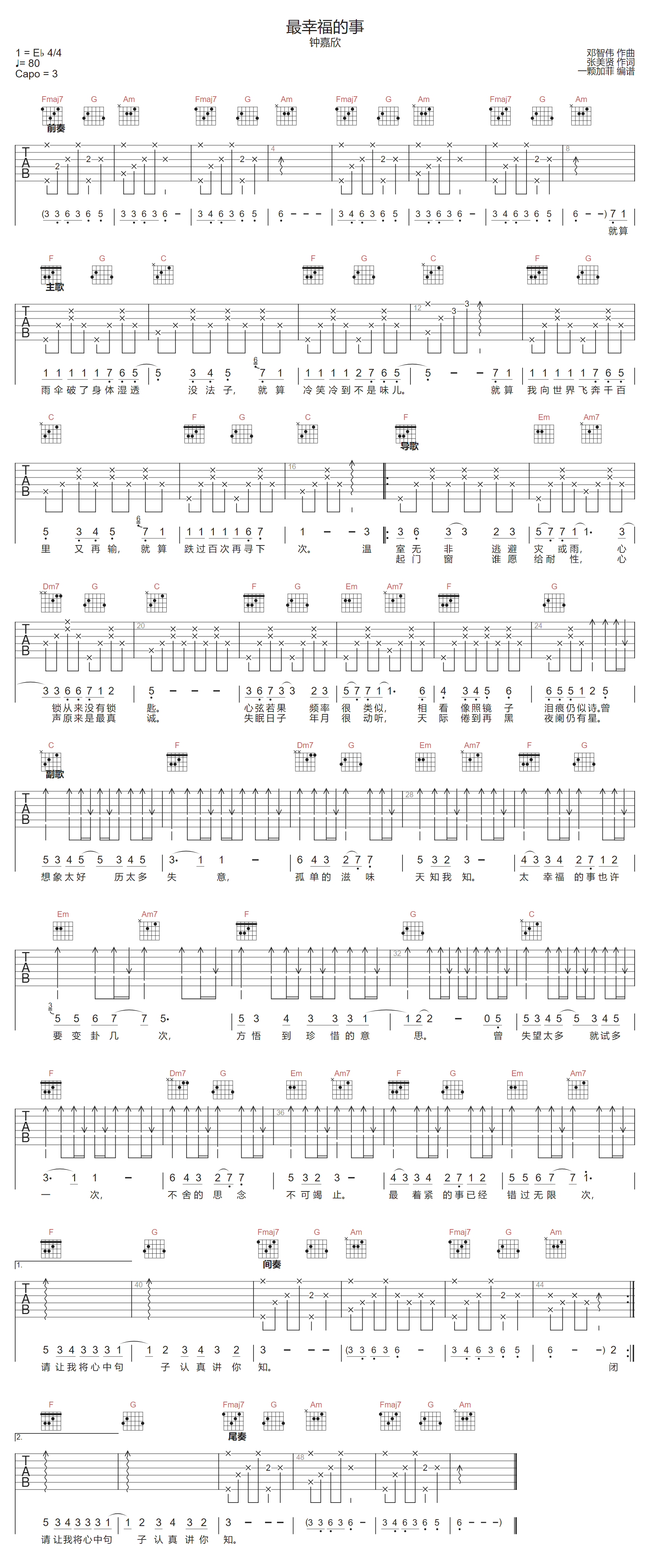 钟嘉欣《最幸福的事》吉他谱_C调原版弹唱谱