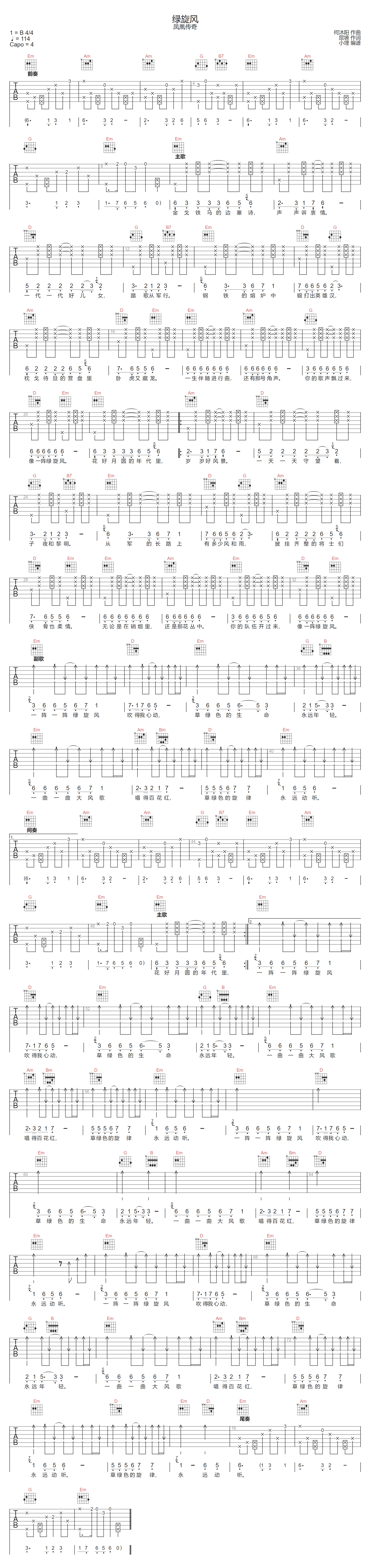 凤凰传奇《绿旋风》吉他谱_G调指法拍弦版