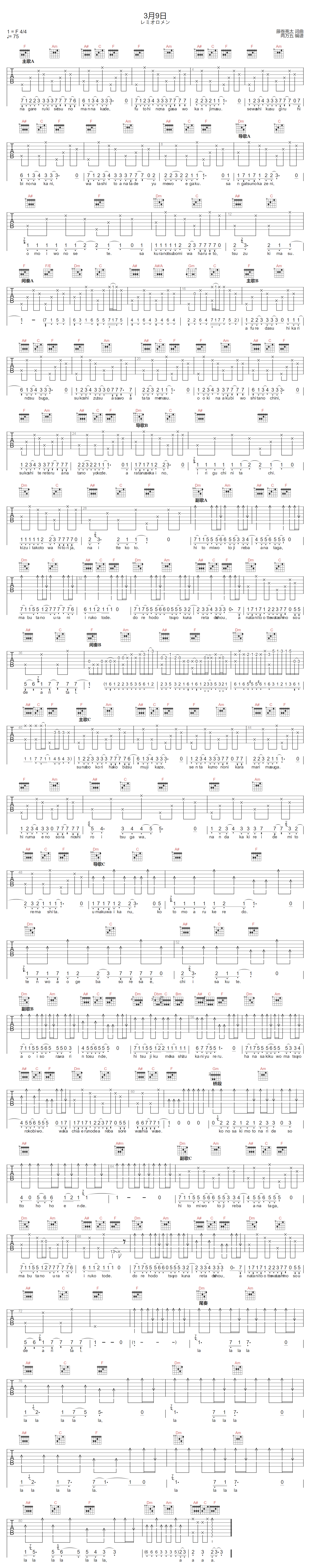 レミオロメン《3月9日》吉他谱_F调指法弹唱谱
