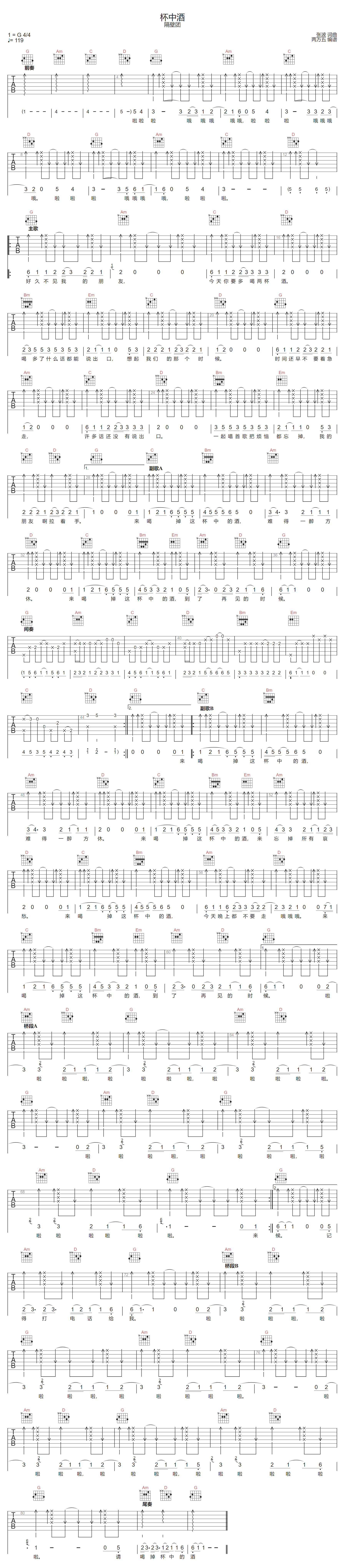 隔壁团《杯中酒》吉他谱_G调指法扫弦版弹唱谱