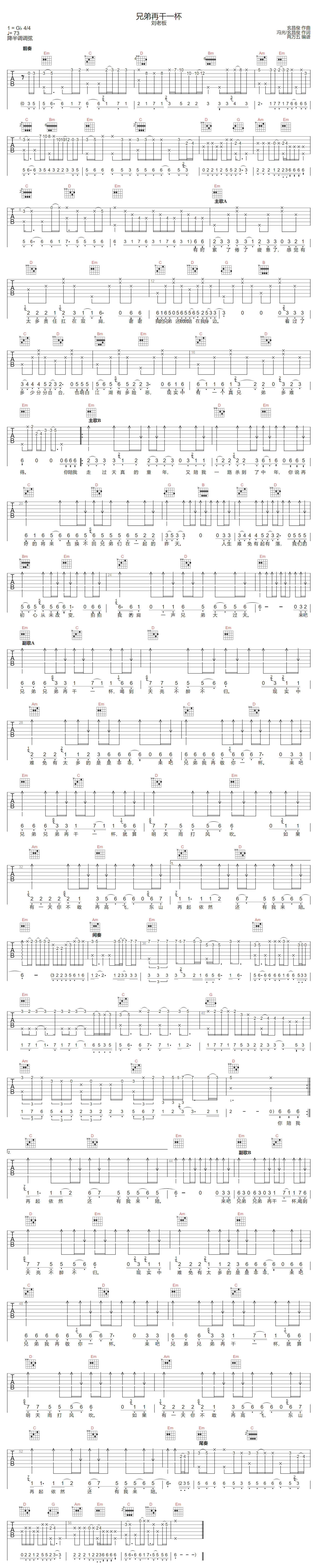刘老板《兄弟再干一杯》吉他谱_G调原版弹唱谱 刘老板《兄弟再干一杯》吉他谱_G调原版弹唱谱