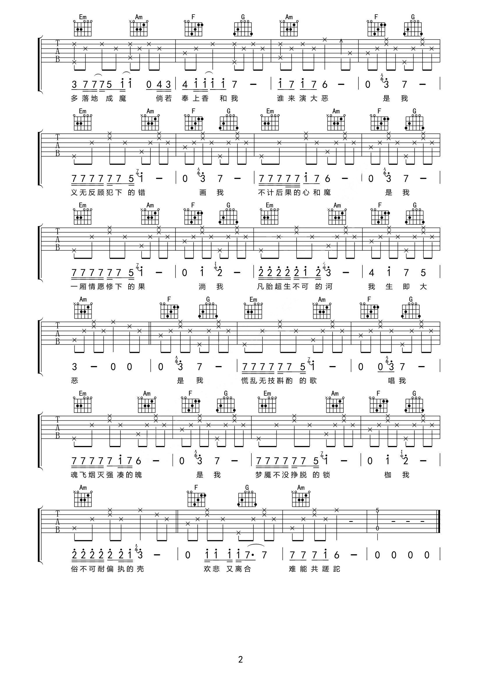 张嫮目《苦厄》吉他谱_C调指法弹唱谱