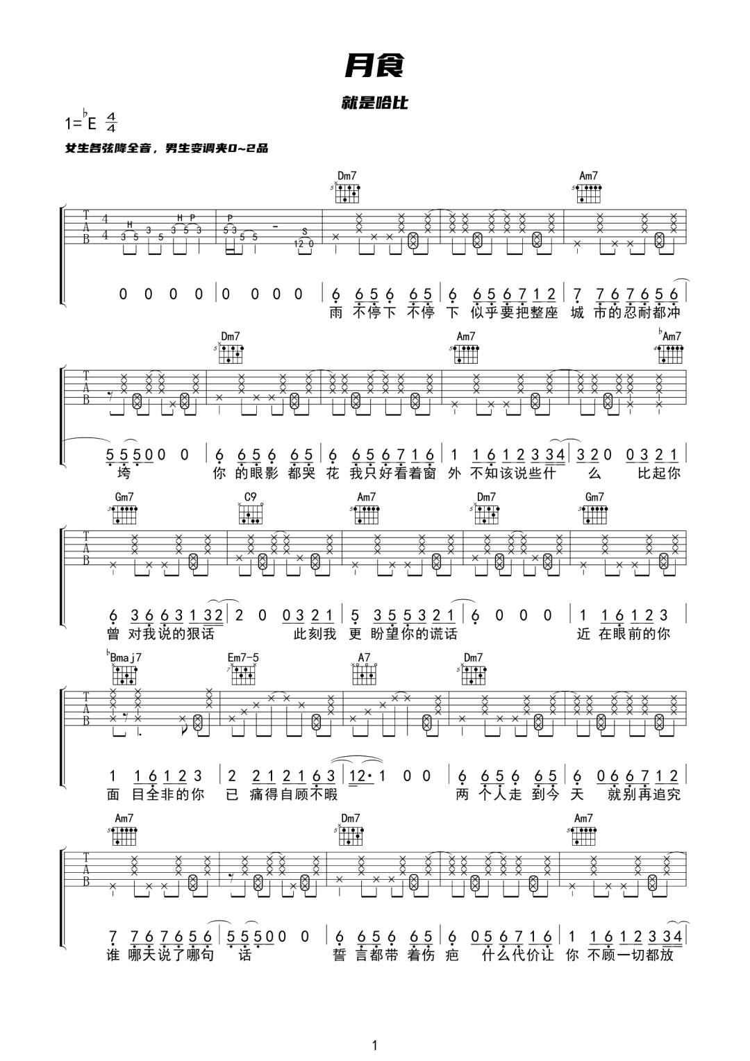 就是哈比《月食》吉他谱_C调指法拍弦版弹唱谱 就是哈比《月食》吉他谱_C调指法拍弦版弹唱谱