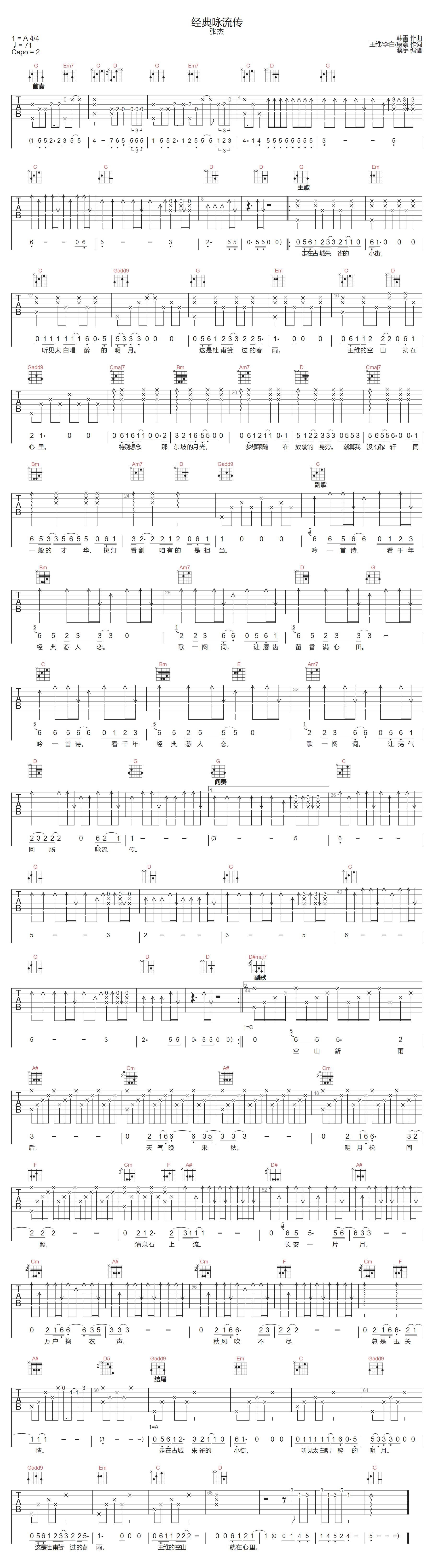 张杰《经典咏流传》吉他谱_G调指法原版弹唱谱