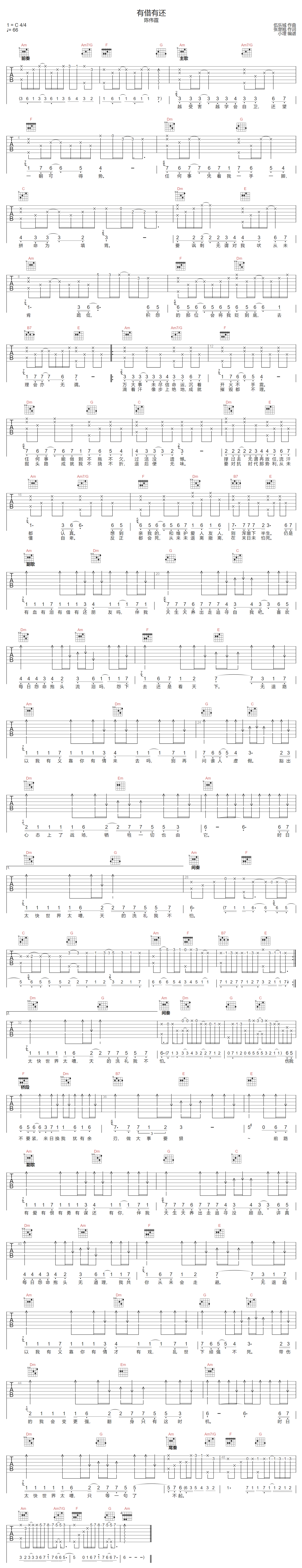 陈伟霆《有借有还》吉他谱_C调指法弹唱谱