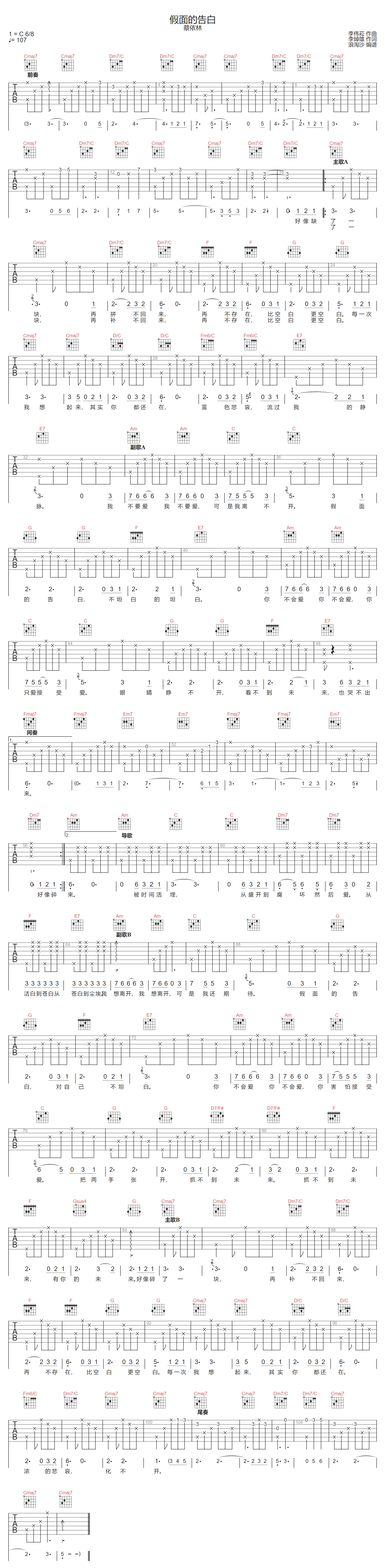 蔡依林《假面的告白》吉他谱_C调原版弹唱谱