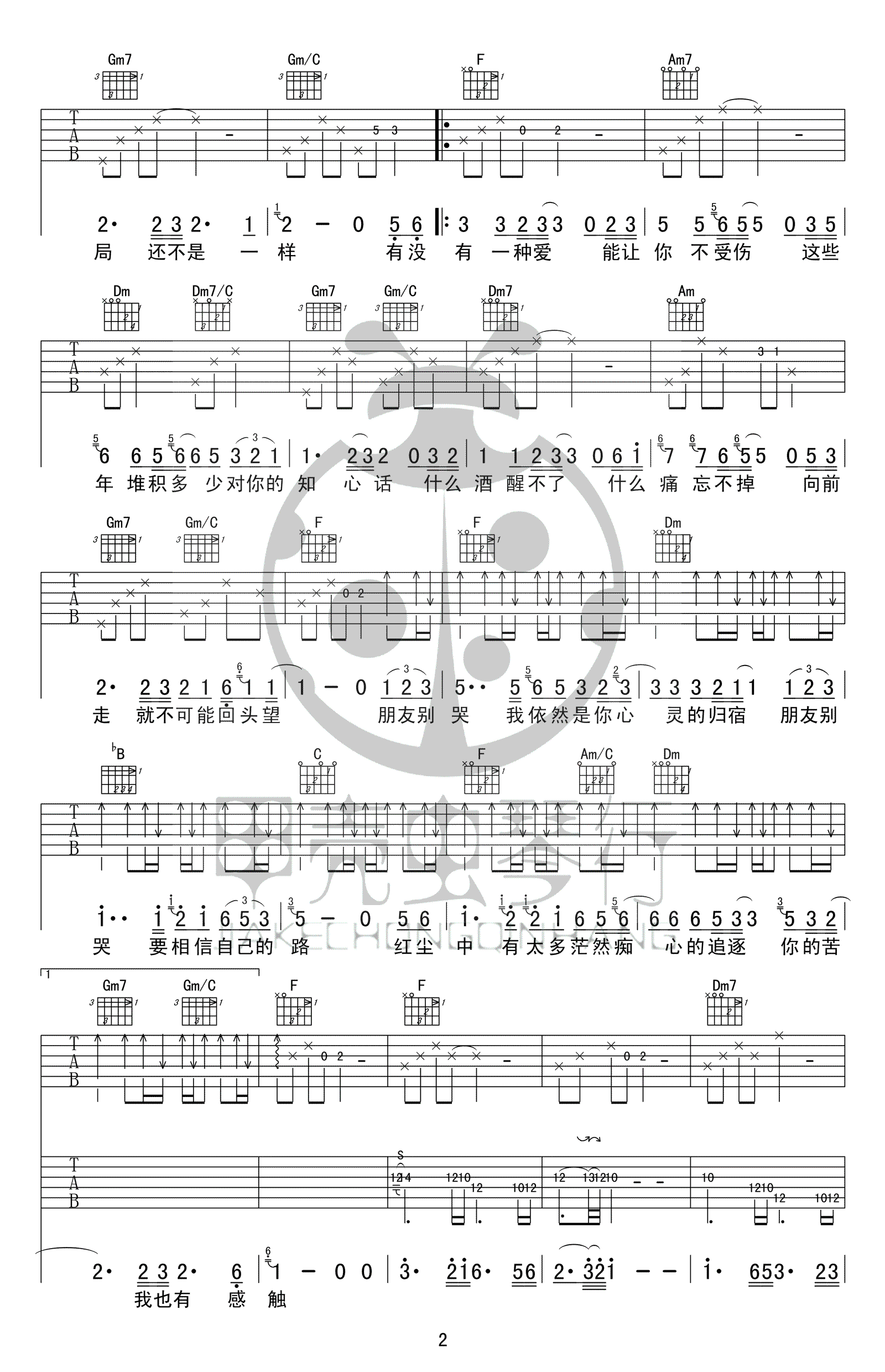 吕方《朋友别哭》吉他谱_F调指法原版弹唱谱