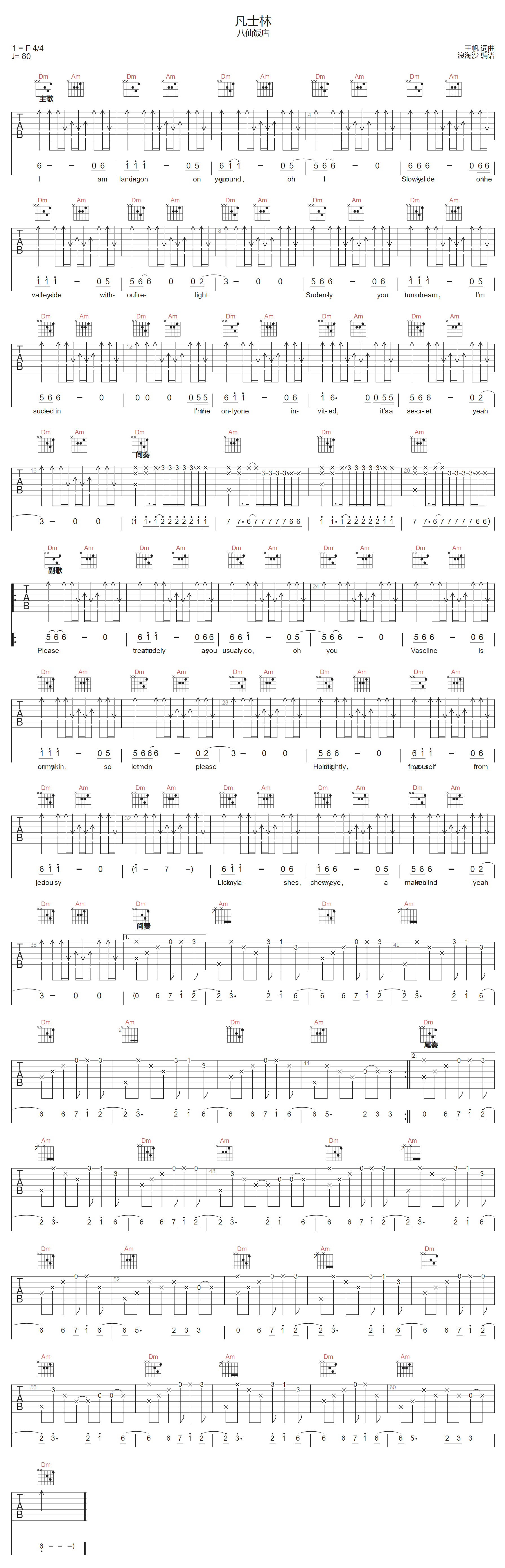 八仙饭店《凡士林》吉他谱_F调指法扫弦版