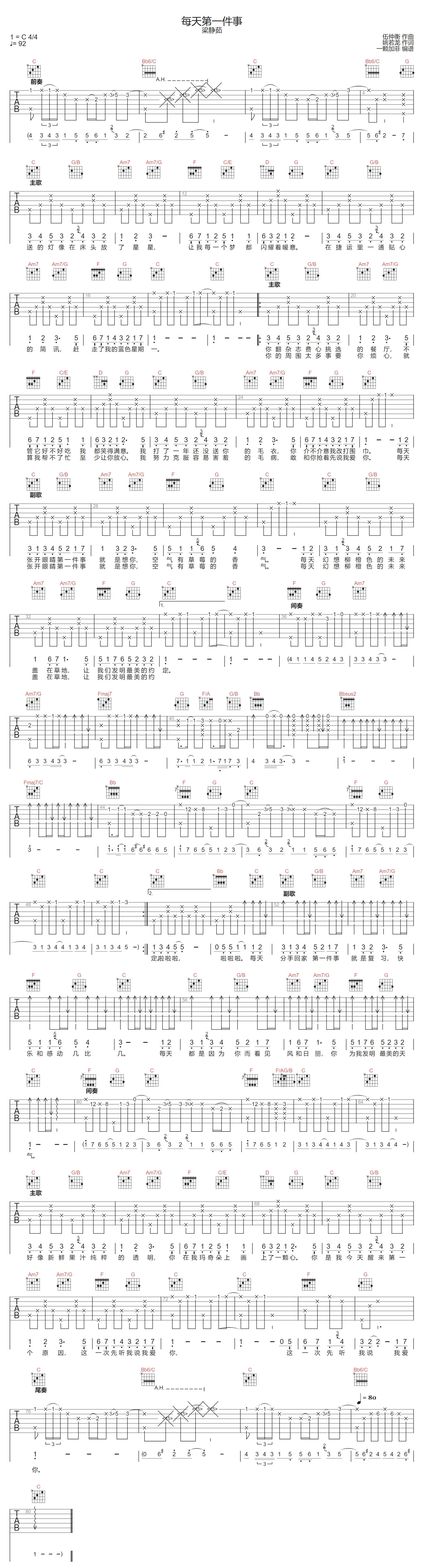 梁静茹《每天第一件事》吉他谱_C调原版弹唱谱 梁静茹《每天第一件事》吉他谱_C调原版弹唱谱