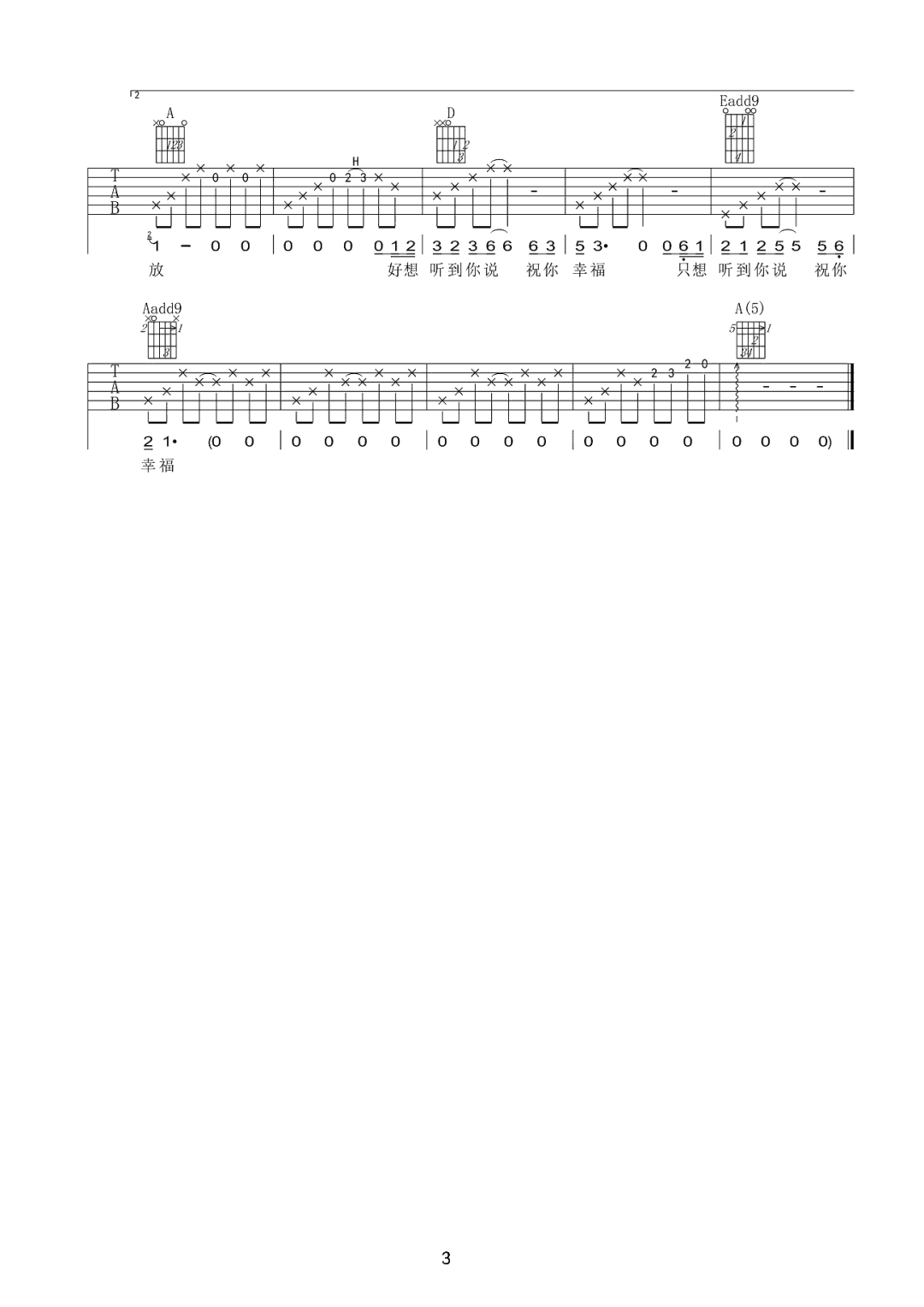 杨乃文《祝我幸福》吉他谱_A调指法原版弹唱谱
