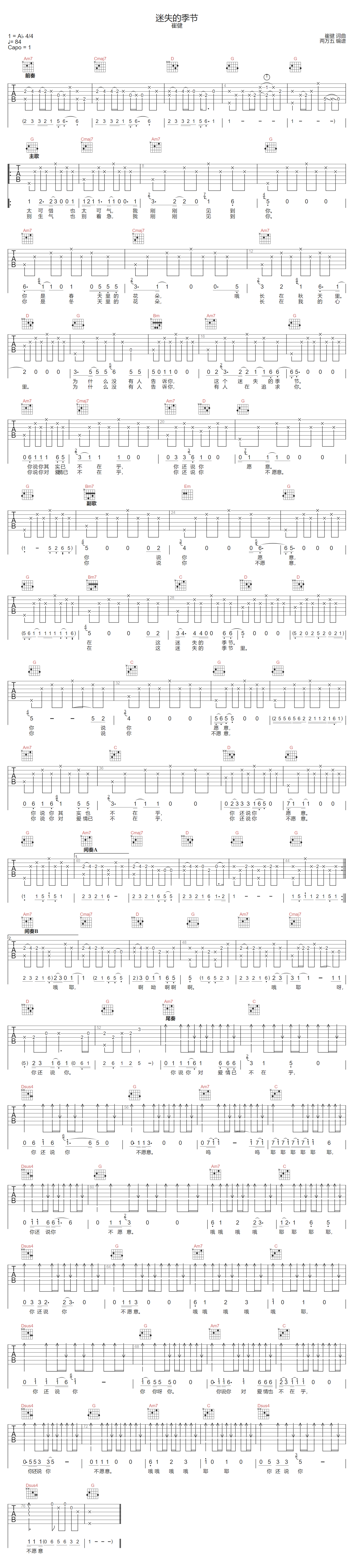 崔健《迷失的季节》吉他谱_G调指法原版弹唱谱