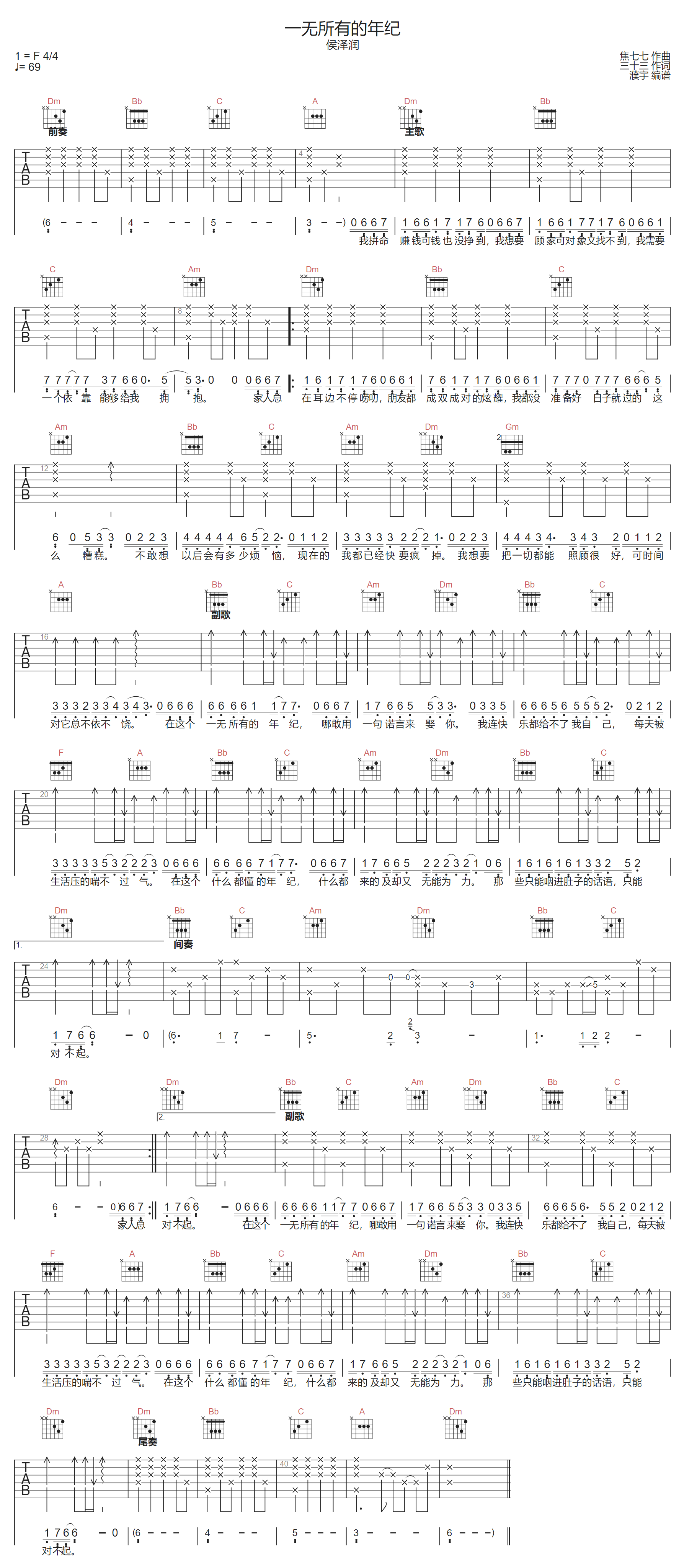 侯泽润《一无所有的年纪》吉他谱_F调指法