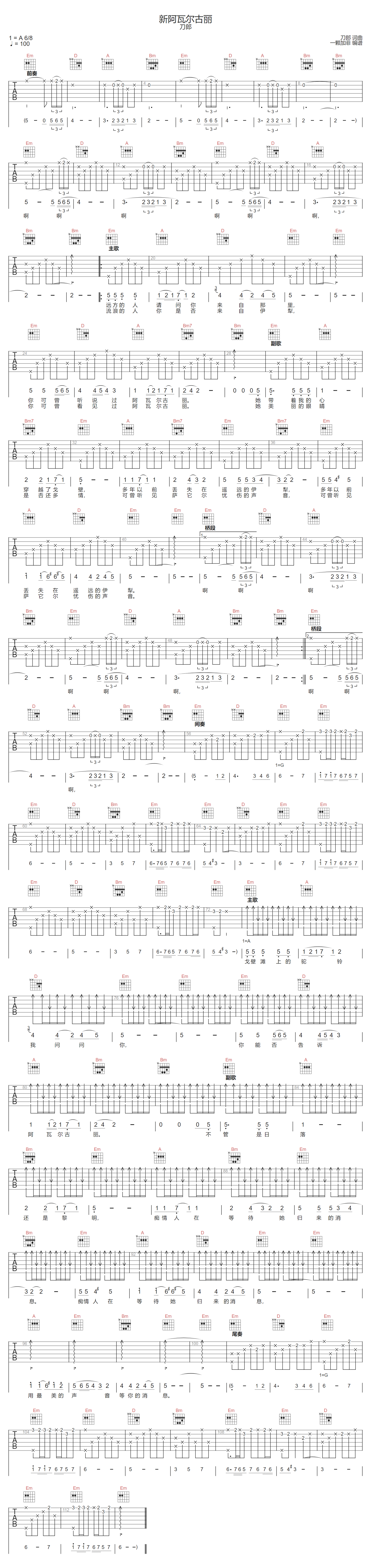刀郎《新阿瓦尔古丽》吉他谱_A调原版弹唱谱