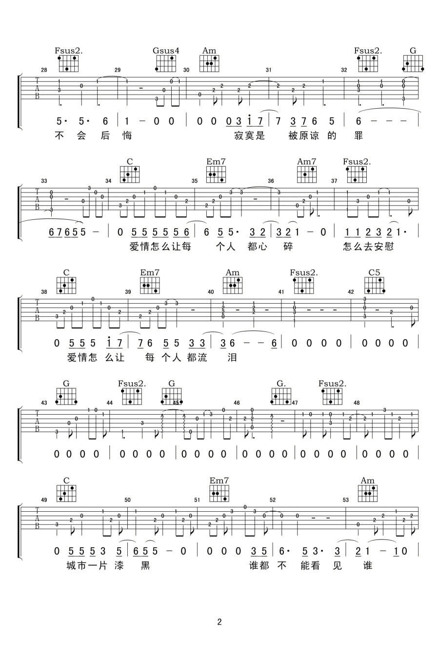 黄大炜《让每个人都心碎》吉他谱_C调原版