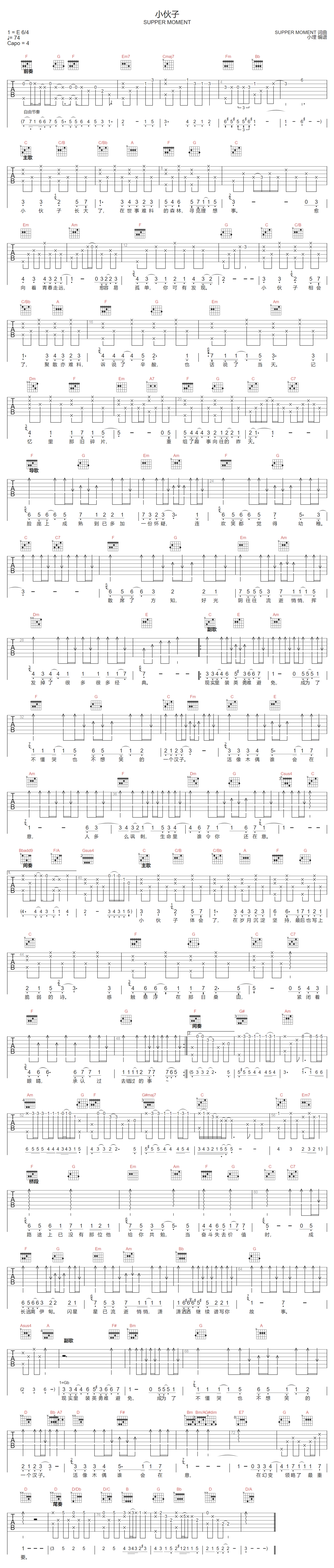 Supper Moment《小伙子》吉他谱_C调原版