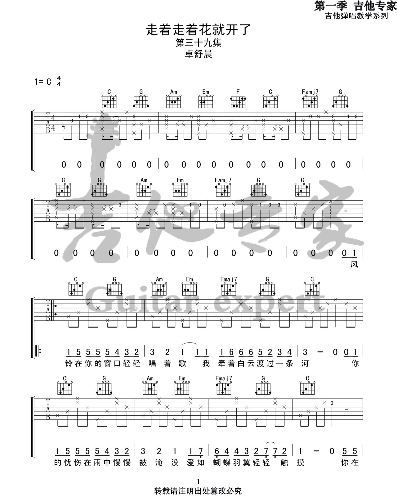 卓舒晨《走着走着花就开了》吉他谱_C调原版