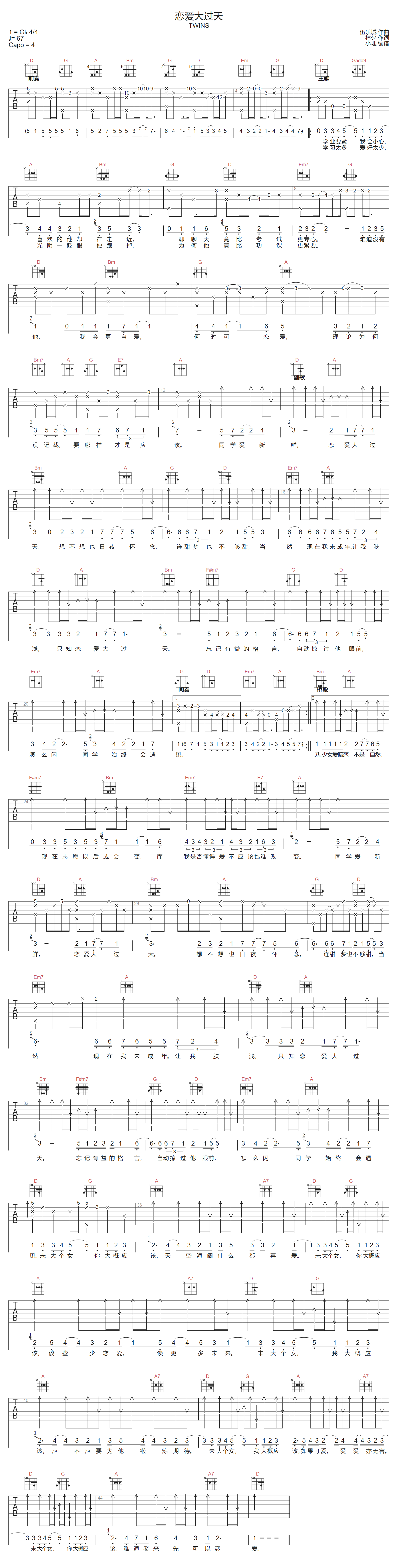 Twins《恋爱大过天》吉他谱_D调原版弹唱谱
