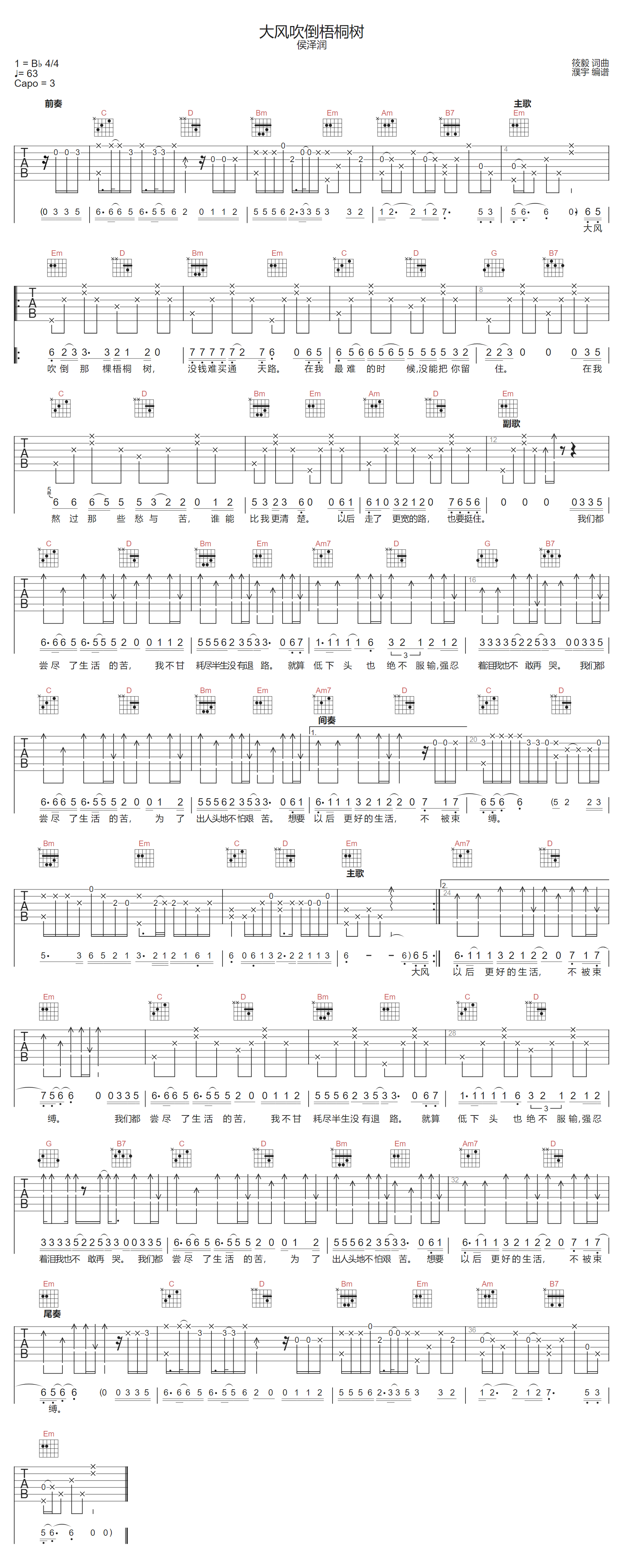 侯泽润《大风吹倒梧桐树》吉他谱_G调原版