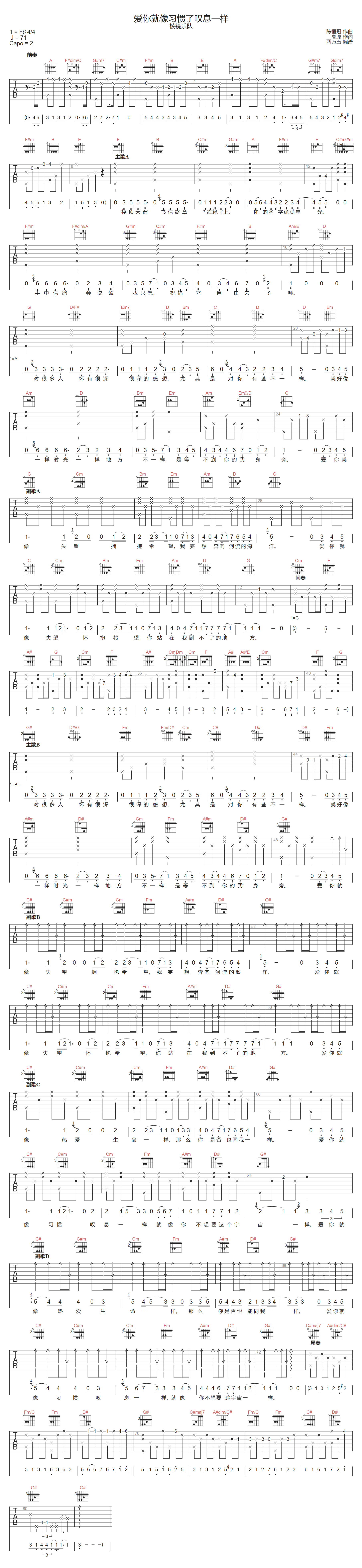 棱镜乐队《爱你就像习惯了叹息一样》吉他谱_E调指法原版弹唱谱