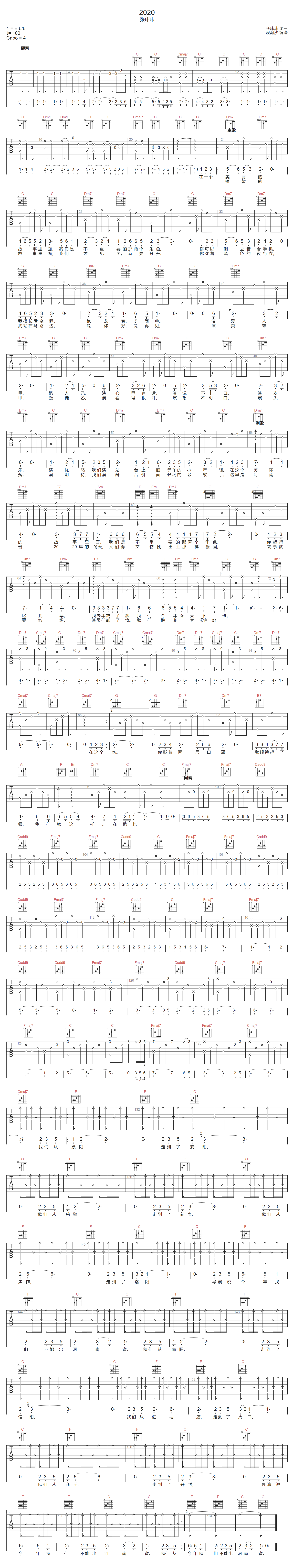 张玮玮《2020》吉他谱_C调指法原版弹唱谱