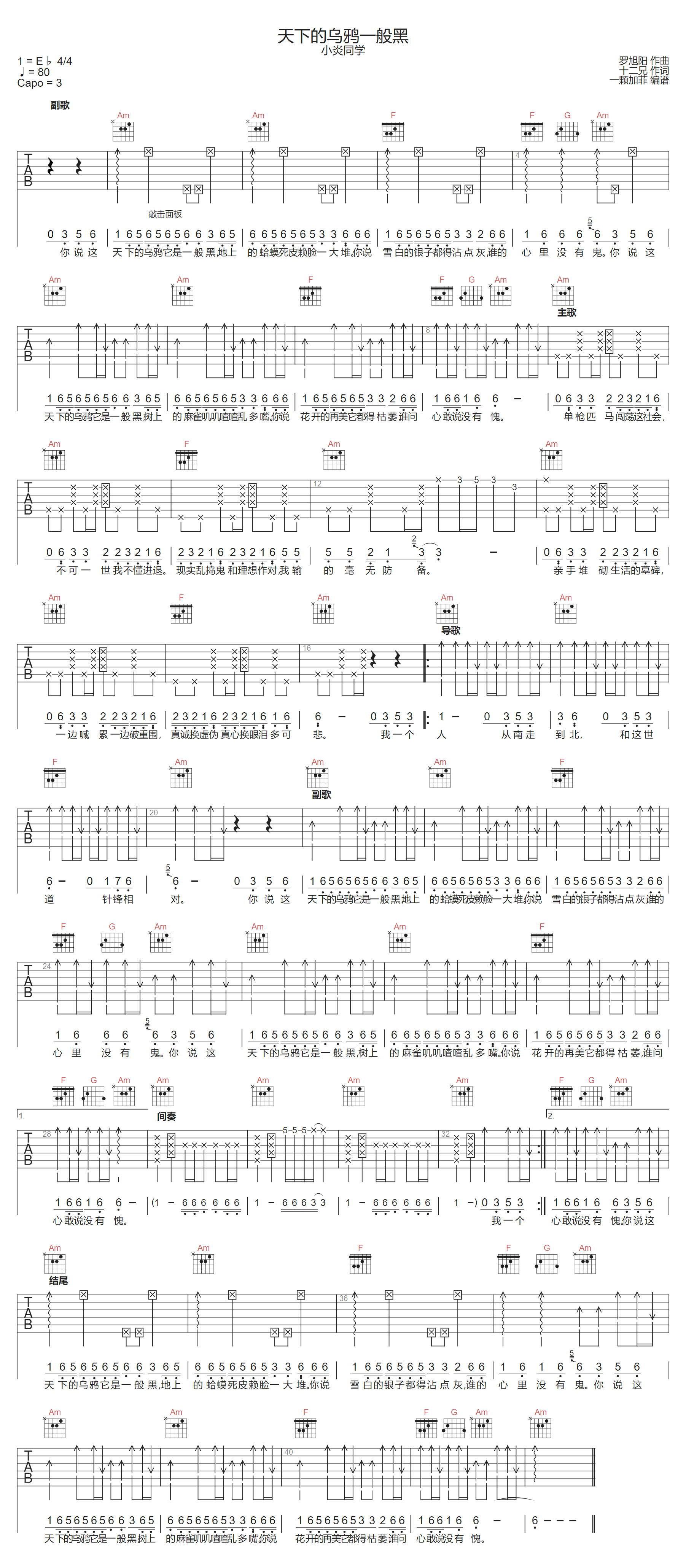小炎同学《天下的乌鸦一般黑》吉他谱_C调指法