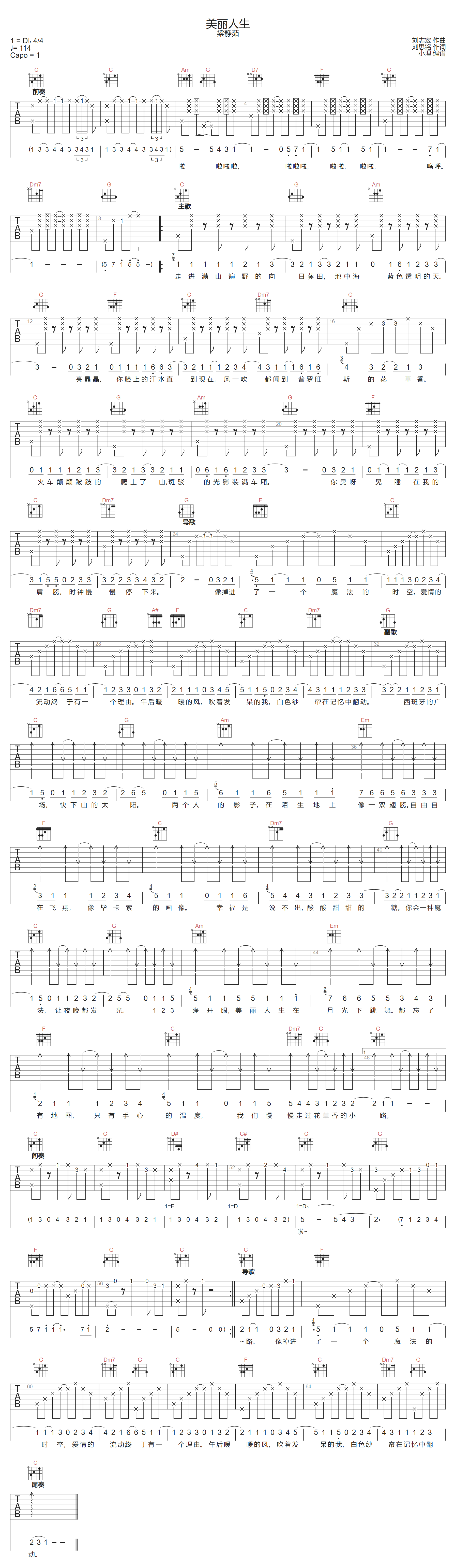 梁静茹《美丽人生》吉他谱_C调指法原版弹唱谱