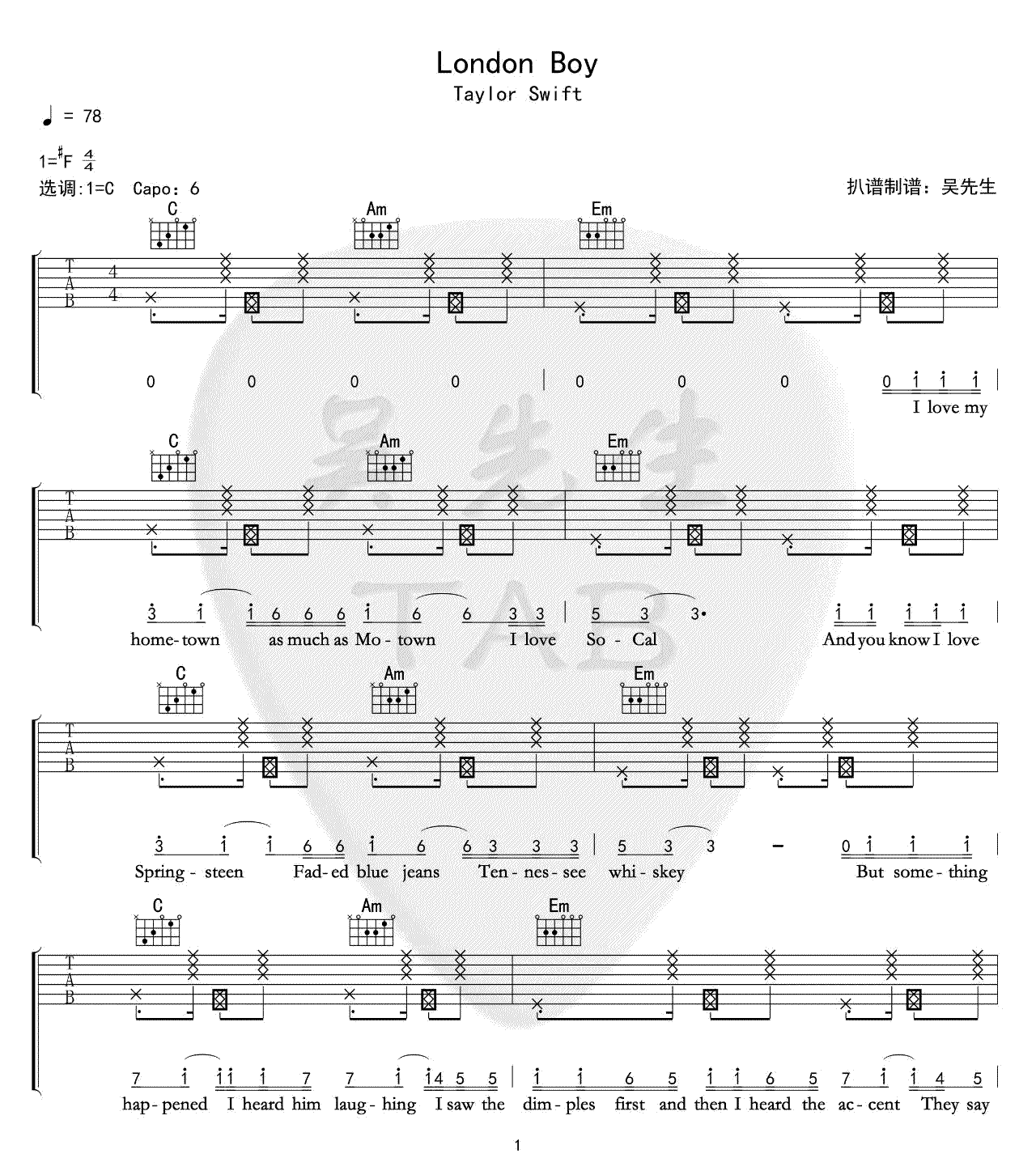 Taylor Swift《London Boy》吉他谱_C调拍弦版