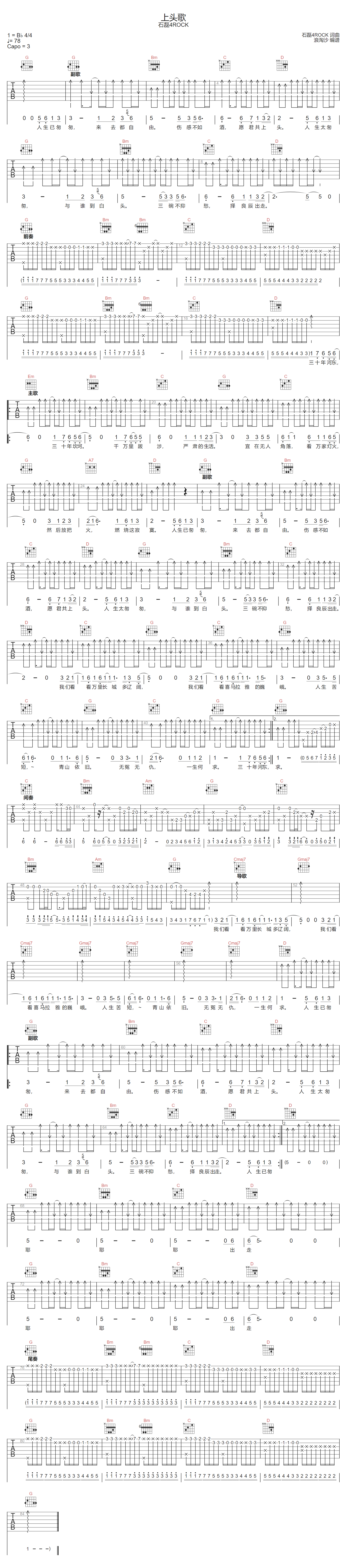 石磊4ROCK《上头歌》吉他谱_G调指法扫弦版