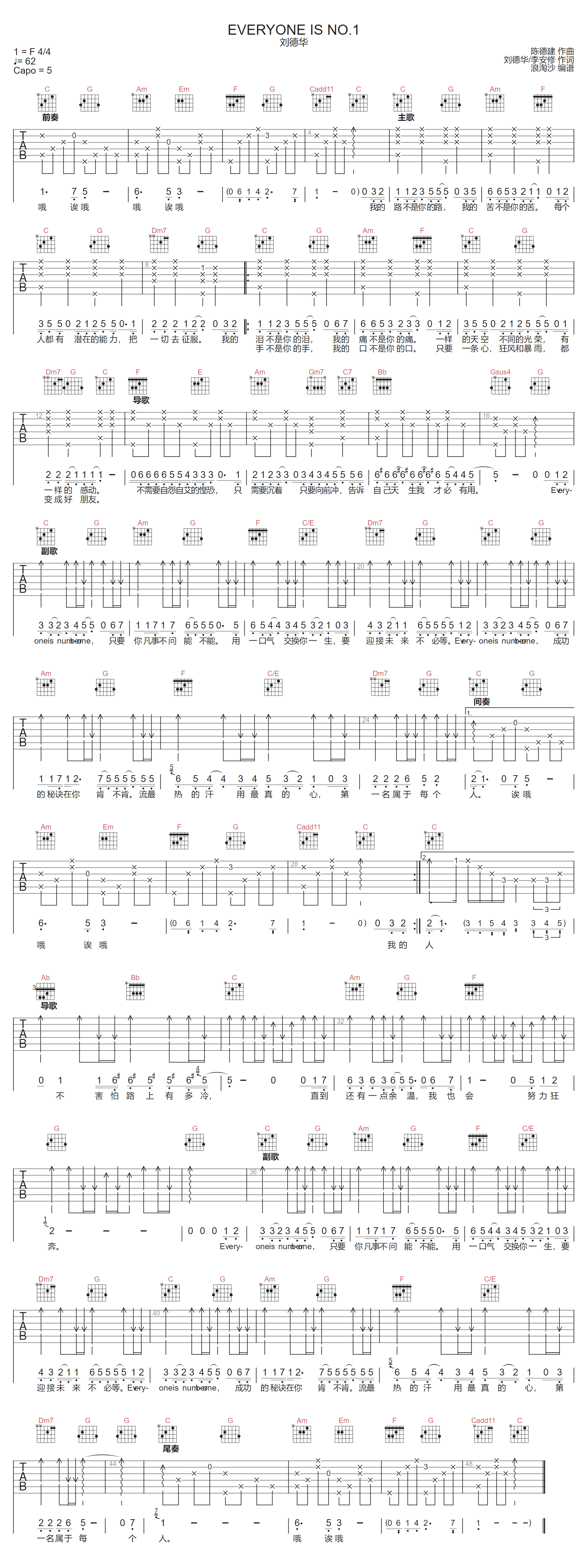 刘德华《Everyone Is No.1》吉他谱_C调原版