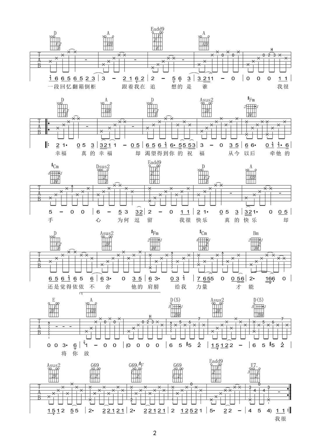杨乃文《祝我幸福》吉他谱_A调指法原版弹唱谱