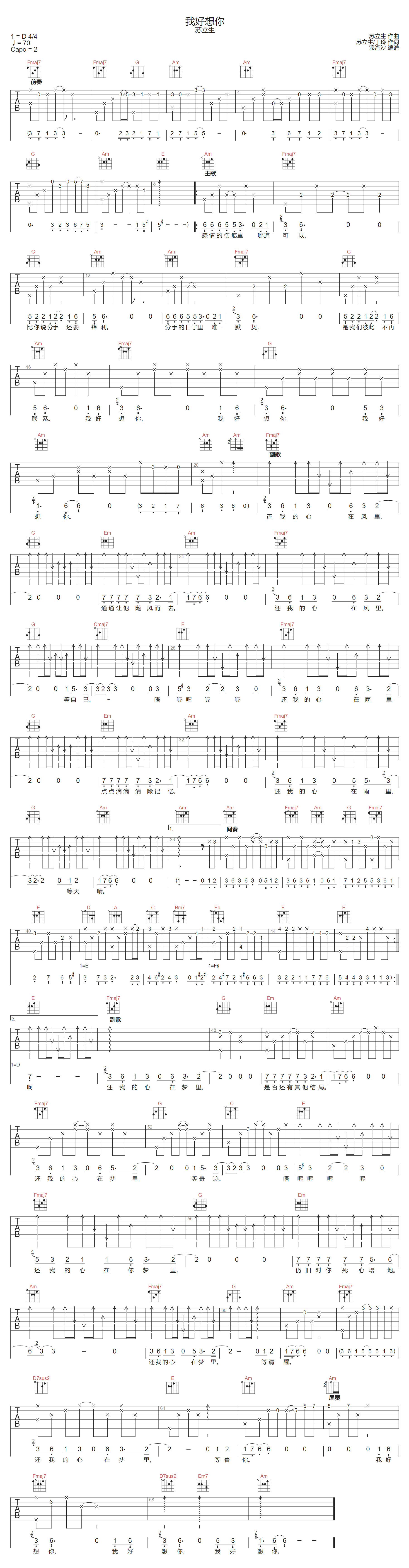 苏立生《我好想你》吉他谱_C调指法原版弹唱谱