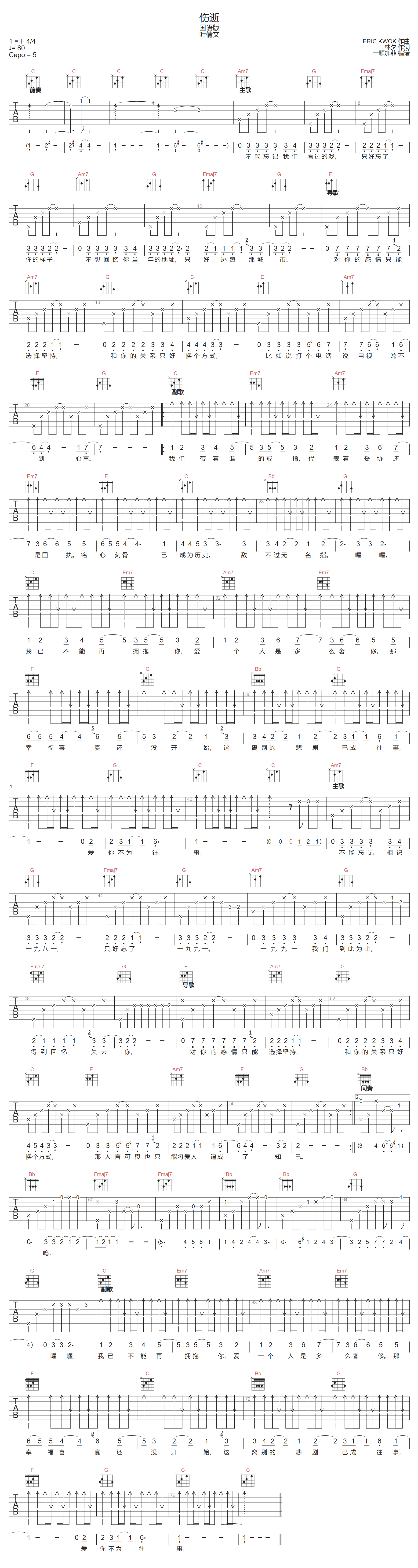 叶倩文《伤逝》吉他谱_C调指法原版弹唱谱 叶倩文《伤逝》吉他谱_C调指法原版弹唱谱
